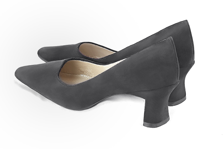 Dark grey women's dress pumps,with a square neckline. Tapered toe. Medium spool heels. Rear view - Florence KOOIJMAN